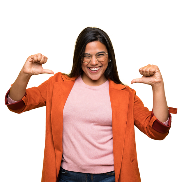 braunhaarige Frau zeigt mit beiden Daumen auf sich