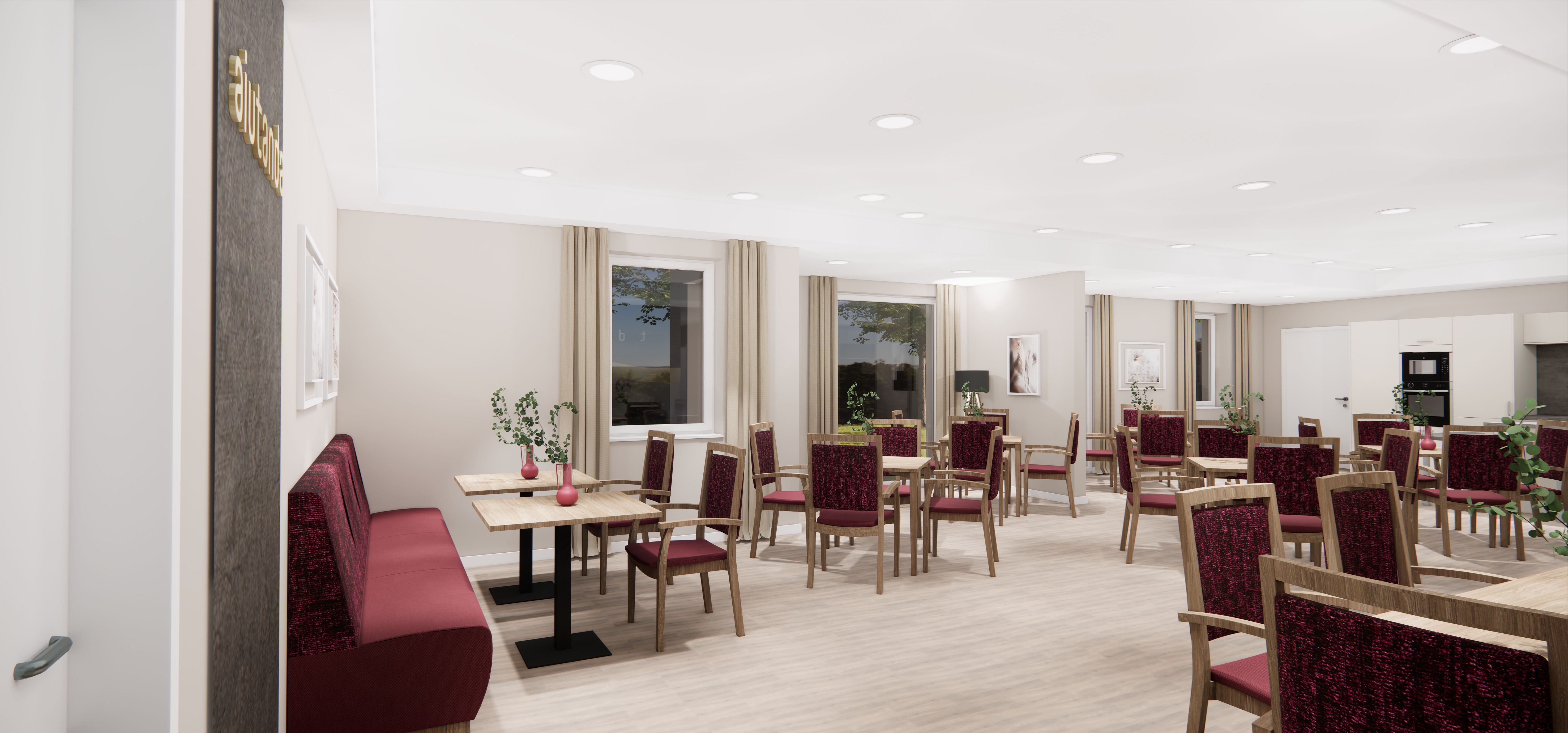 Großzügiger Gemeinschaftsraum mit Küche und gemütlichen Sitzmöglichkeiten