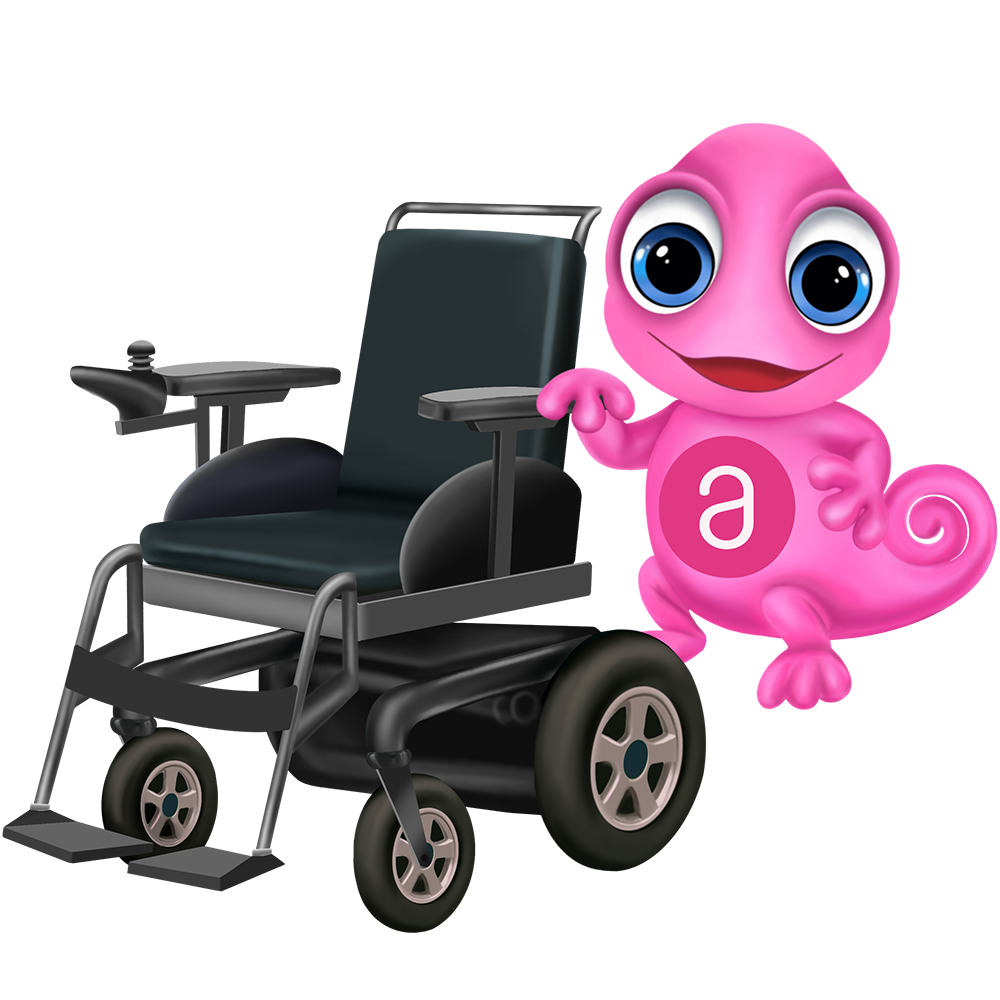 Maskottchen Leon mit Elektrorollstuhl