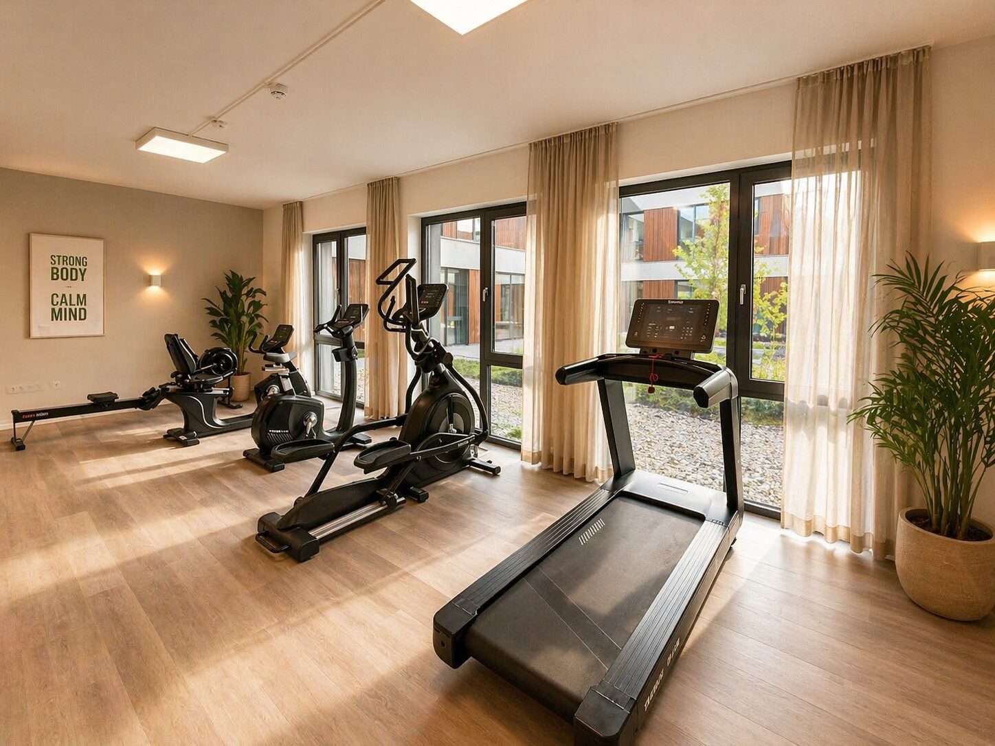 Heller Fitnessraum mit Geräten