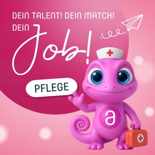 "Dein Talent! Dein Match! Dein Job!" für den Bereich Pflege präsentiert vom Maskottchen Leon mit Artztasche und Schwesternhaube