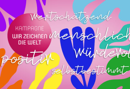 Farbkleckse und Schlagworde, die das Verständnis von moderner Pflege beschreiben