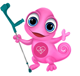 Maskottchen Leon mit Krücke